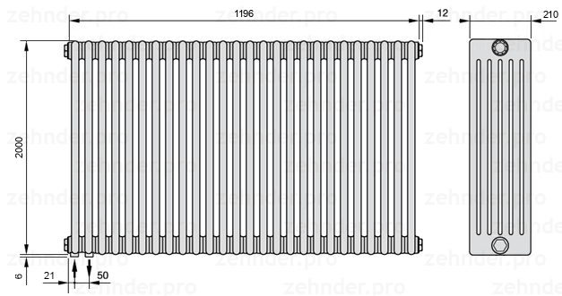 Схема (чертеж) Радиатор Zehnder Charleston 6200/26 №3370 Белый глянцевый RAL 9016
